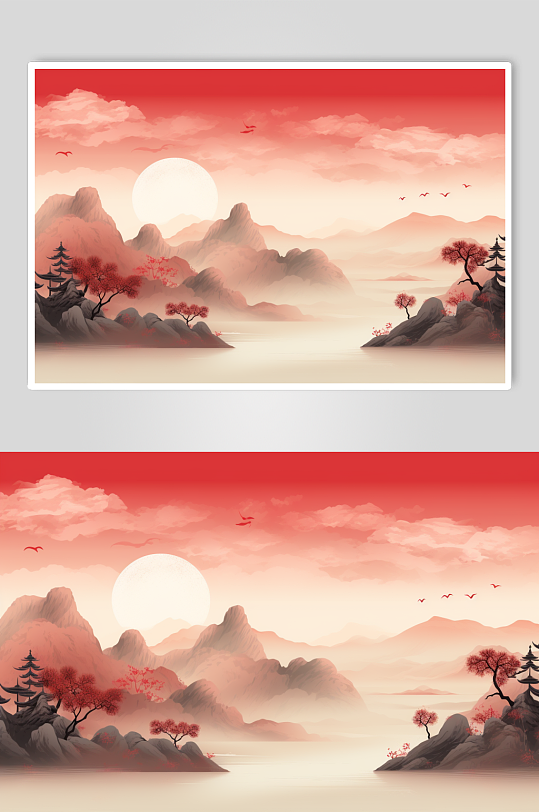 AI数字艺术中国红国风风景背景插画