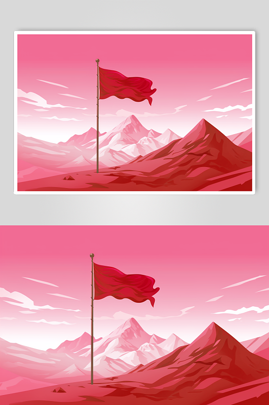 AI数字艺术山峰上插着的红旗背景插画