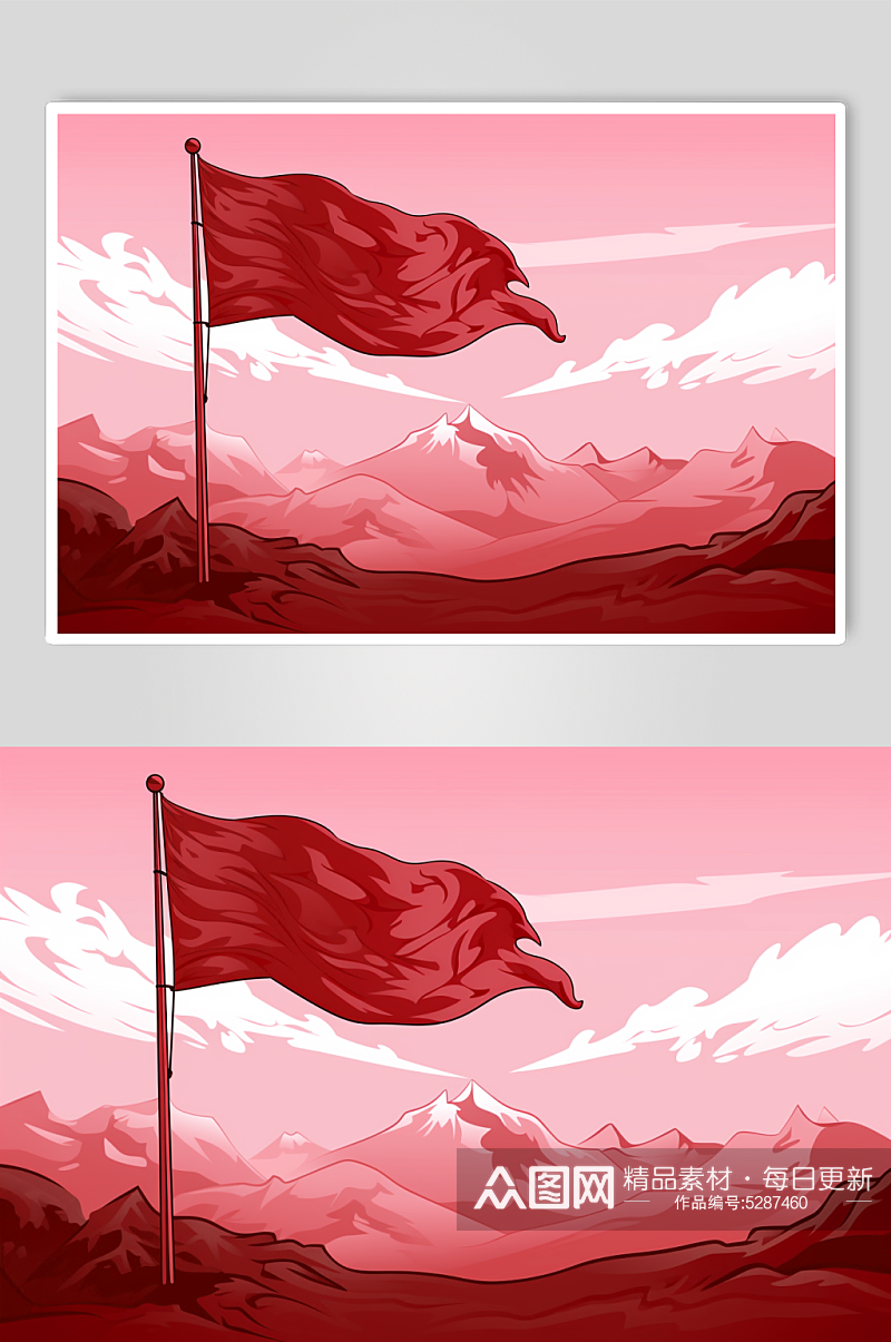 AI数字艺术山峰上插着的红旗背景插画素材