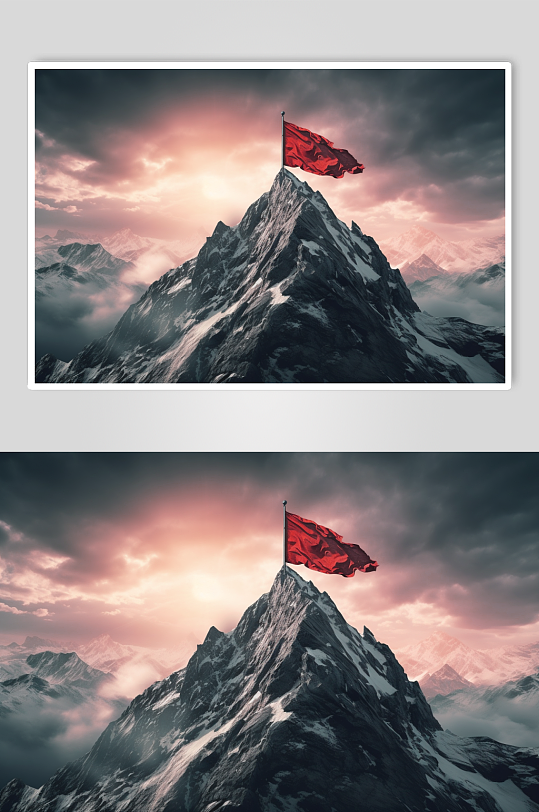 AI数字艺术山峰上插着的红旗背景插画