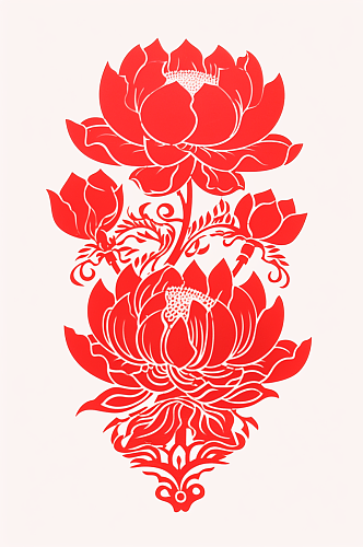 AI数字艺术红色剪纸荷花花卉装饰元素