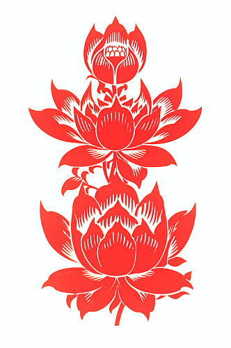 AI数字艺术红色剪纸荷花花卉装饰元素