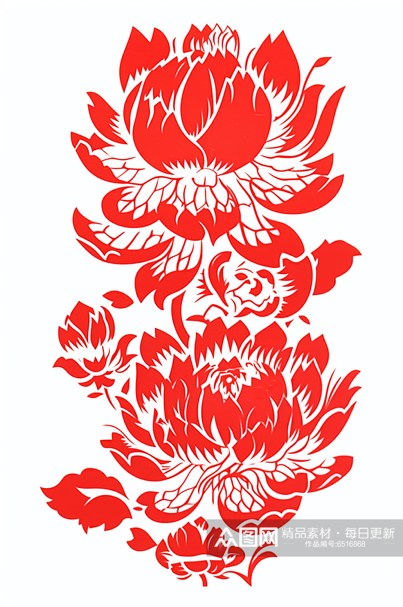 AI数字艺术红色剪纸荷花花卉装饰元素素材