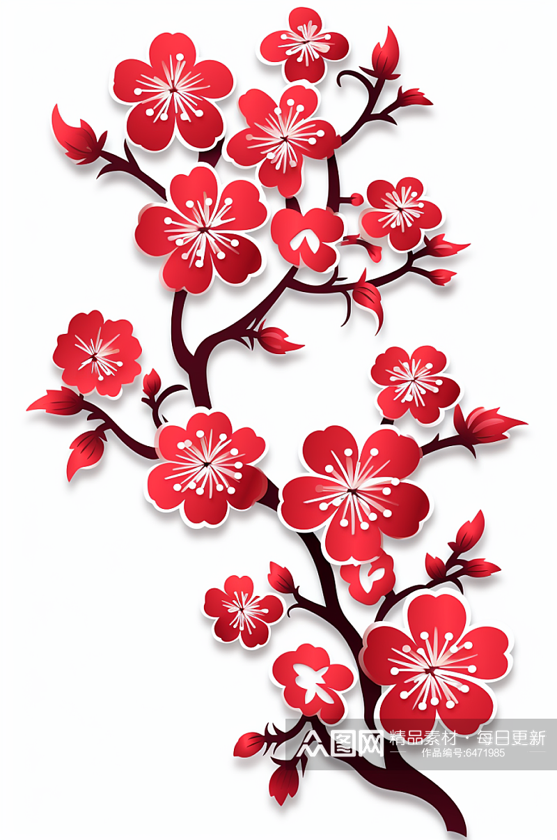 AI数字艺术红色剪纸梅花花卉装饰元素素材