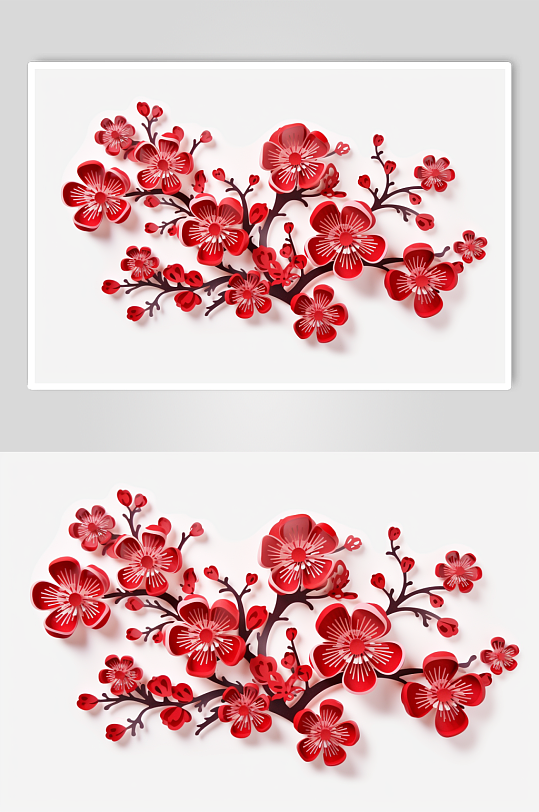 AI数字艺术红色剪纸梅花花卉装饰元素