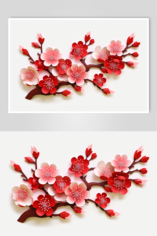 AI数字艺术红色剪纸梅花花卉装饰元素