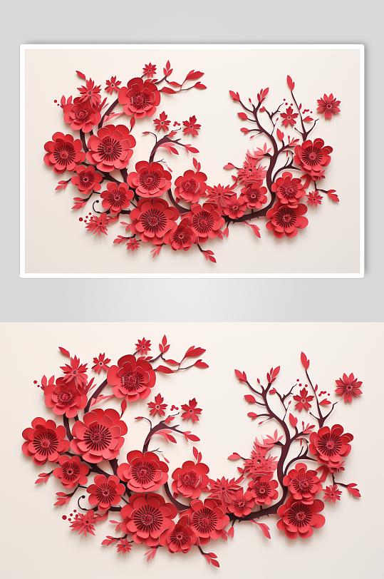AI数字艺术红色剪纸梅花花卉装饰元素