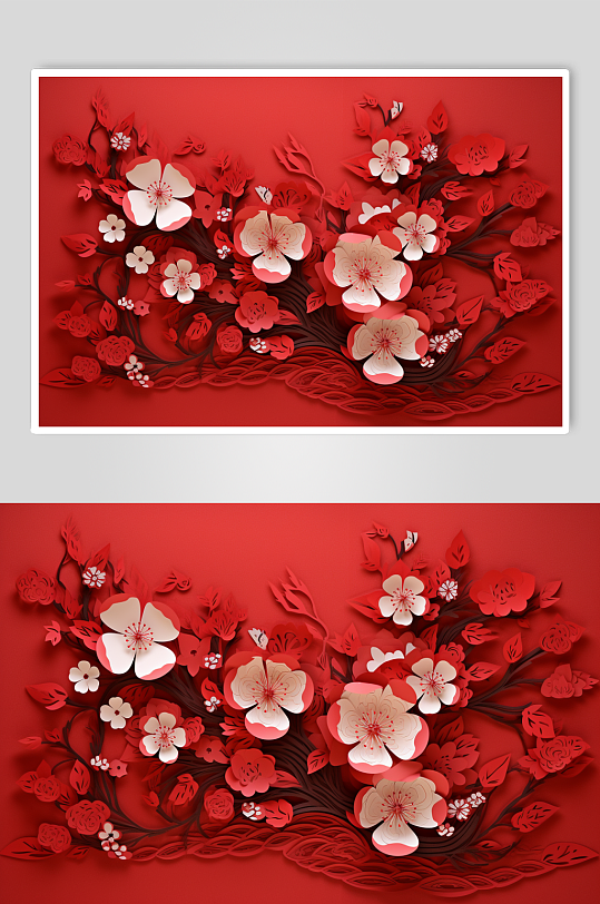 AI数字艺术红色剪纸梅花花卉装饰元素