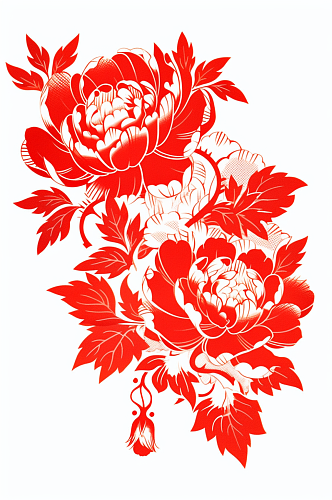 AI数字艺术红色剪纸牡丹花卉装饰元素