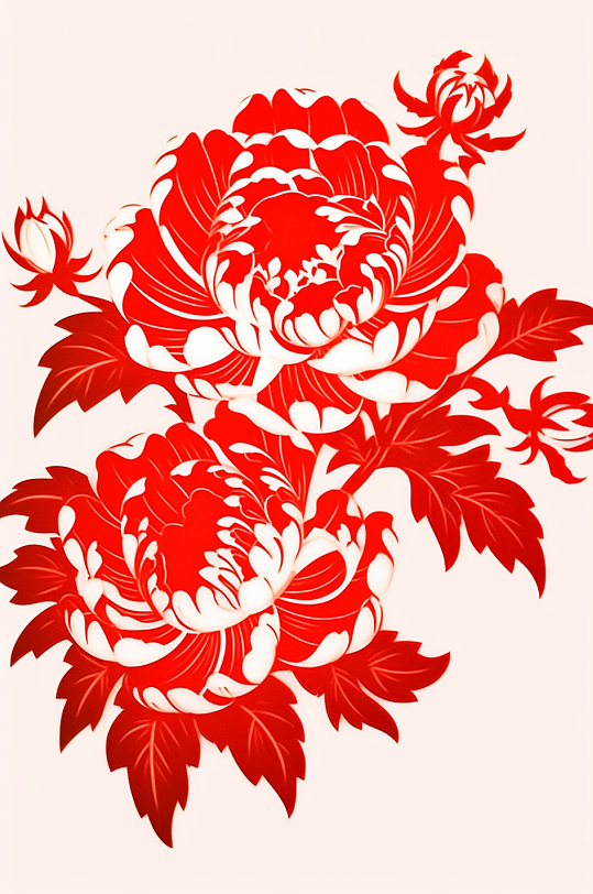 AI数字艺术红色剪纸牡丹花卉装饰元素