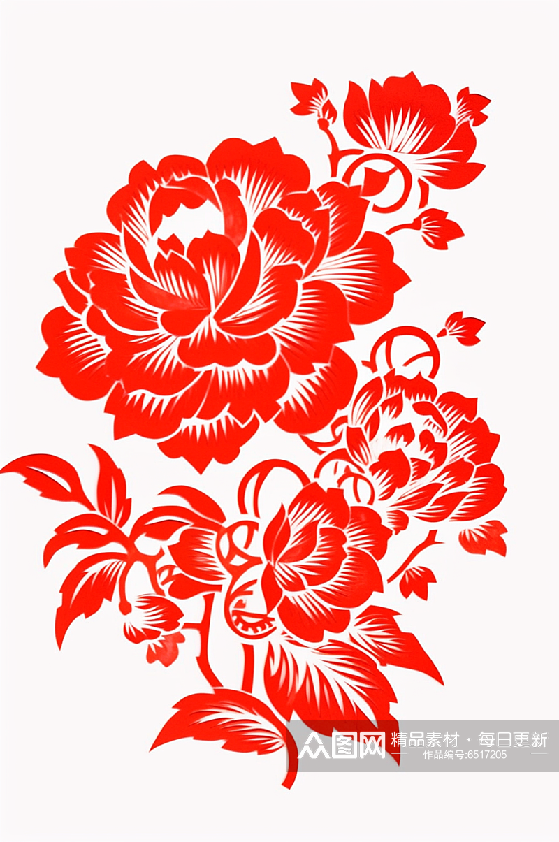 AI数字艺术红色剪纸牡丹花卉装饰元素素材