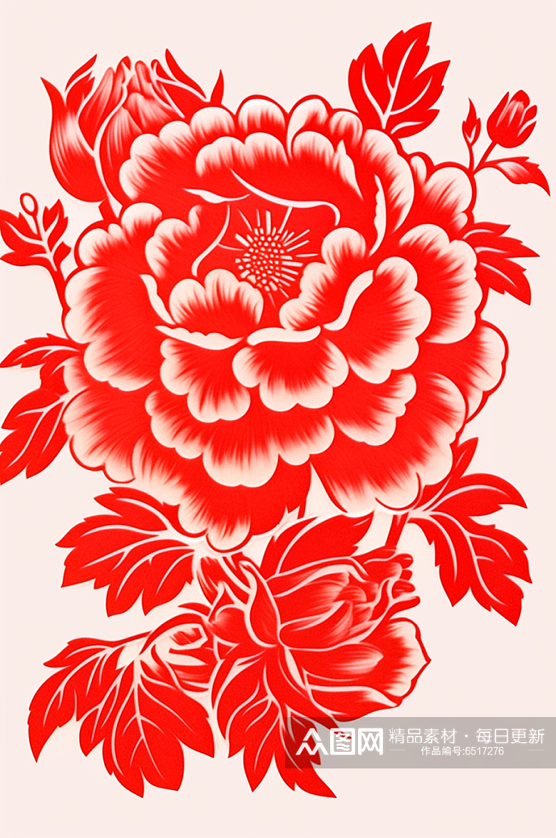 AI数字艺术红色剪纸牡丹花卉装饰元素素材