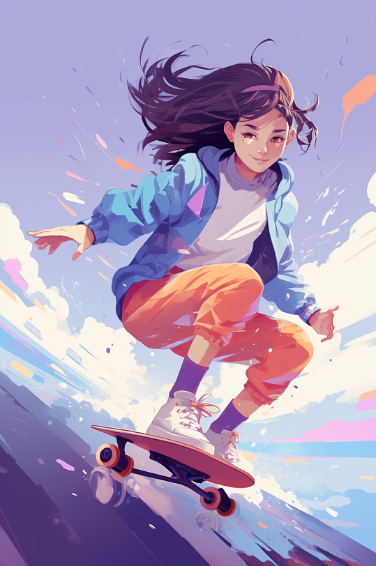 AI数字艺术漫画风潮流人物三八妇女节女生滑板女孩插画-众图网