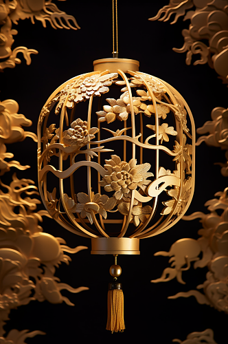 AI数字艺术国潮中国风金色花卉灯笼元素