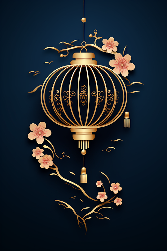 AI数字艺术3D中国风金色花卉灯笼元素-众图网