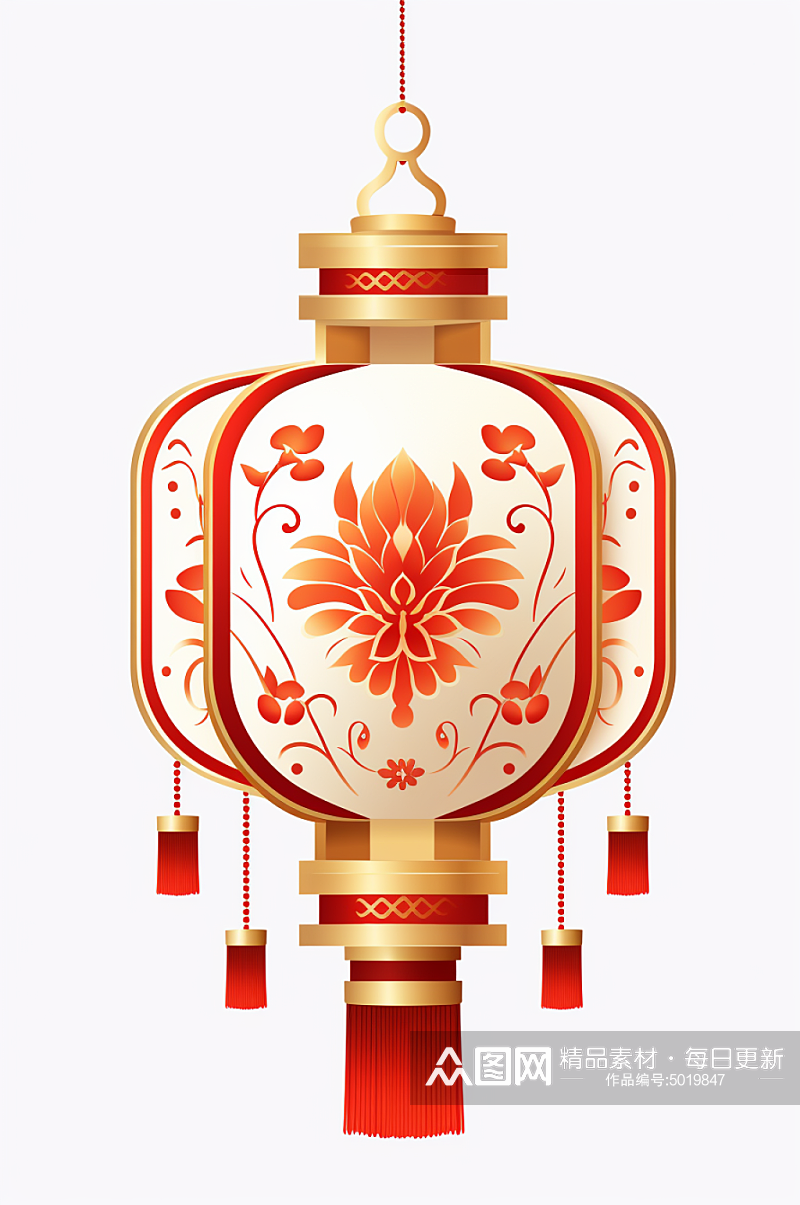 AI数字艺术3D中国风金色花卉灯笼元素素材