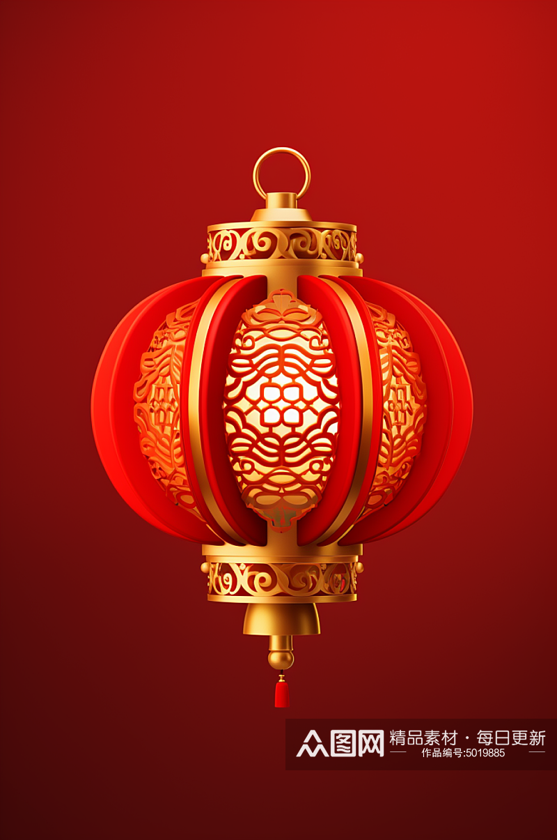 AI数字艺术雕刻中国风金色花卉灯笼元素素材