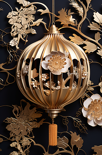 AI数字艺术雕刻中国风金色花卉灯笼元素