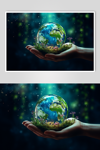 AI数字艺术手捧地球环保摄影图