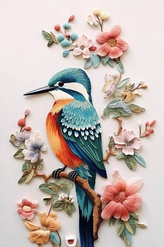 AI数字艺术手绘中国风花鸟刺绣装饰画