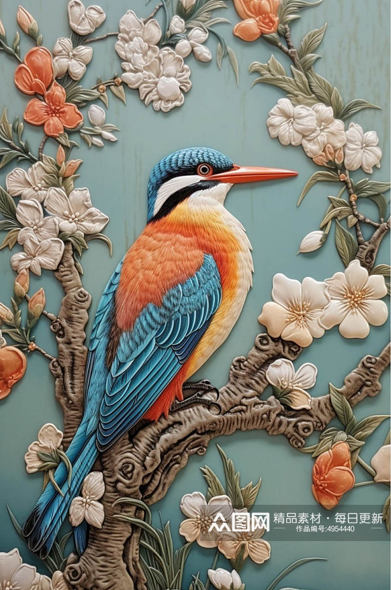 AI数字艺术手绘中国风花鸟刺绣装饰画素材