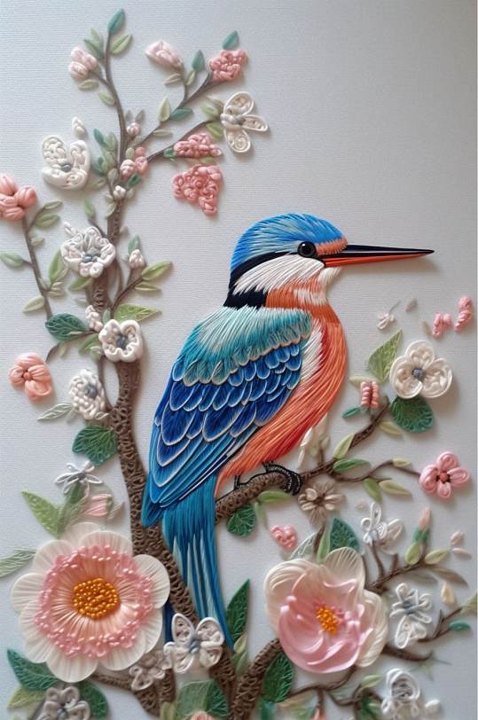 AI数字艺术创意中国风花鸟刺绣装饰画