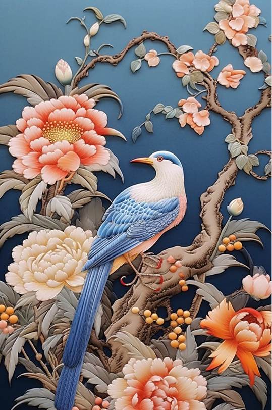 AI數(shù)字藝術創(chuàng)意中國風花鳥刺繡裝飾畫
