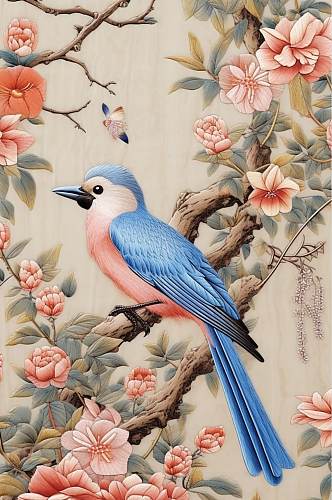 AI数字艺术创意中国风花鸟刺绣装饰画