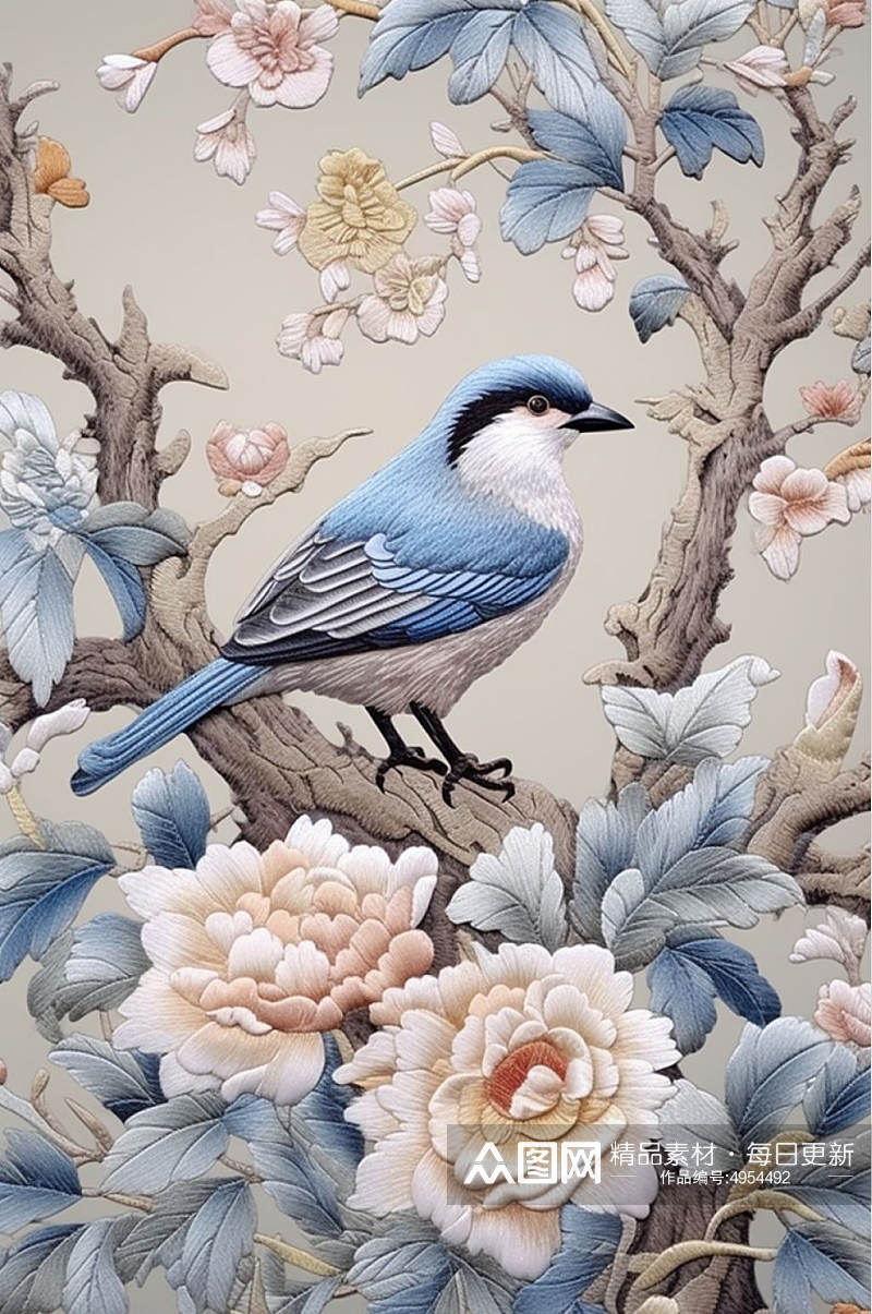 AI数字艺术创意中国风花鸟刺绣装饰画素材