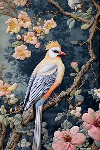 AI数字艺术原创中国风花鸟刺绣装饰画