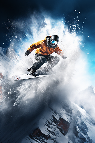 AI数字艺术滑雪单板运动人物摄影图