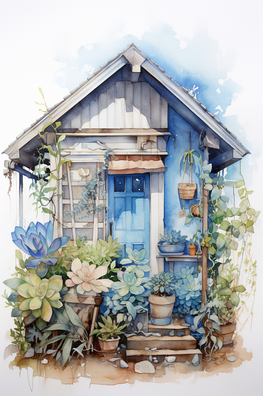 AI数字艺术花园植物房子水彩画铅笔插画-众图网