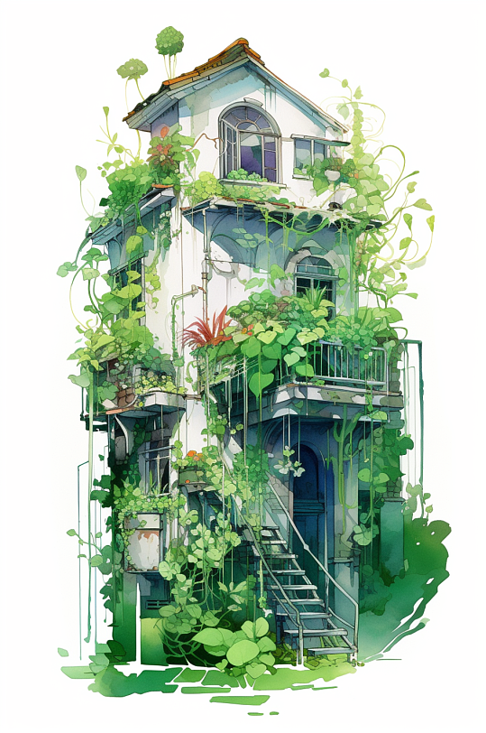 AI数字艺术花园植物房子水彩画铅笔插画