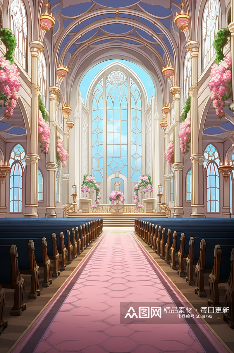 AI数字艺术唯美教堂婚礼大堂场景插画素材