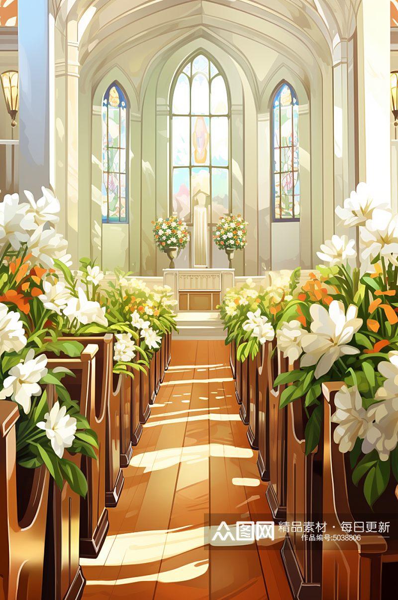 AI数字艺术唯美教堂婚礼大堂场景插画素材