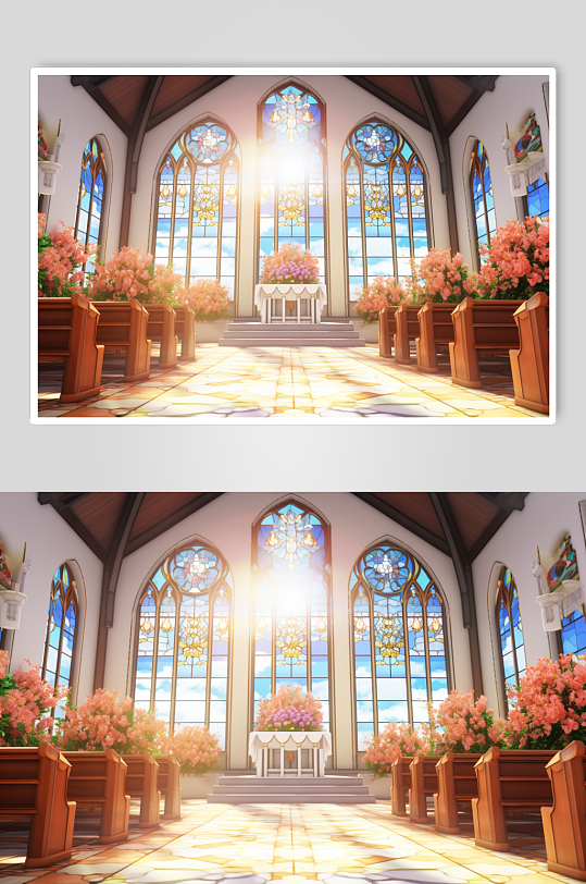 AI数字艺术唯美教堂婚礼大堂场景插画