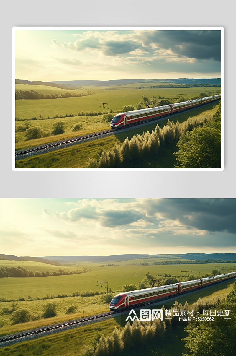 AI数字艺术行驶的火车路过风景摄影图素材