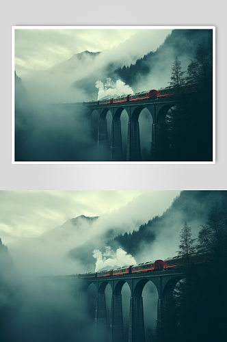 AI数字艺术行驶的火车路过风景摄影图