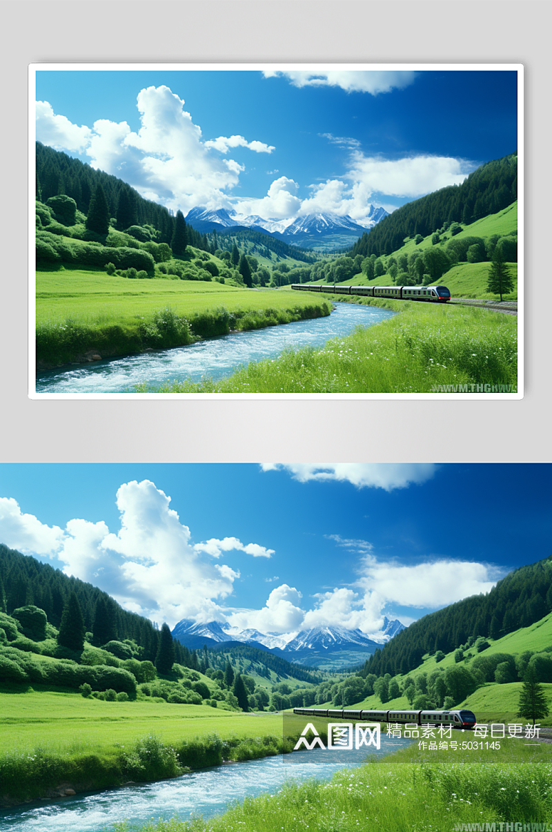 AI数字艺术行驶的火车路过风景摄影图素材