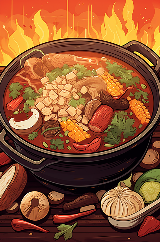 AI数字艺术国潮风火锅美食插图插画