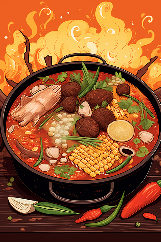 AI数字艺术国潮风火锅美食插图插画