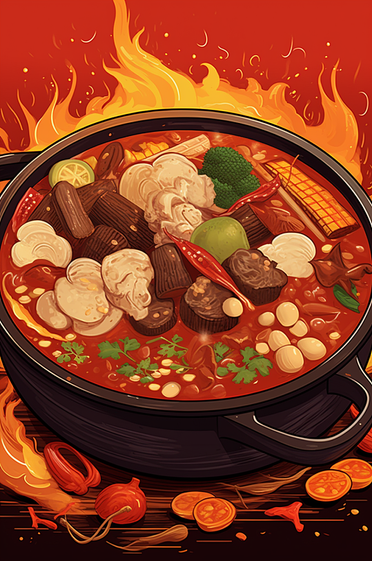 AI数字艺术国潮风火锅美食插图插画