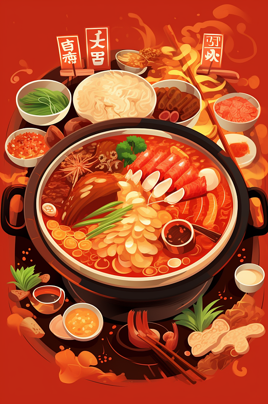AI数字艺术国潮风火锅美食插图插画