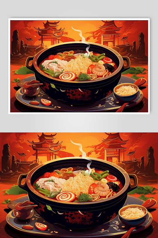 AI数字艺术国潮风火锅美食插图插画