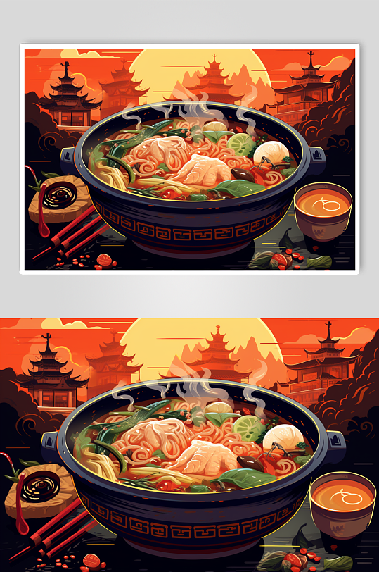 AI数字艺术国潮风火锅美食插图插画