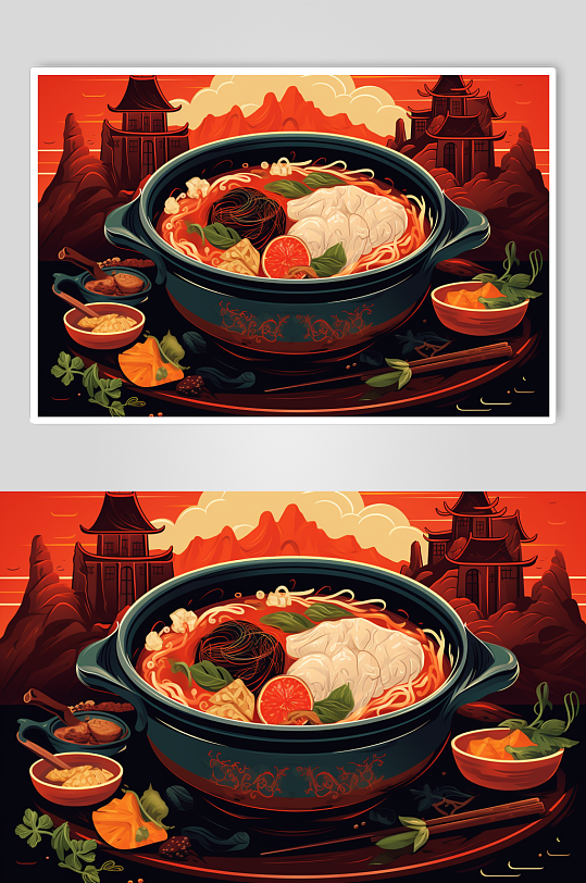 AI数字艺术国潮风火锅美食插图插画