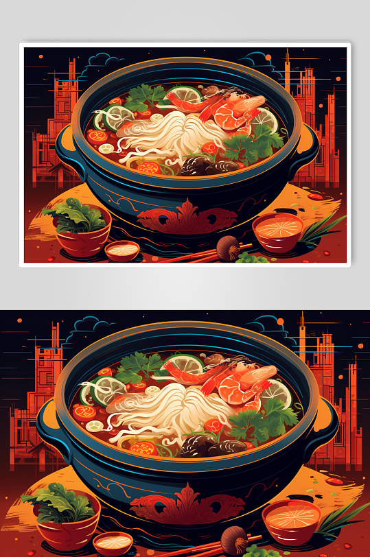 AI数字艺术国潮风火锅美食插图插画