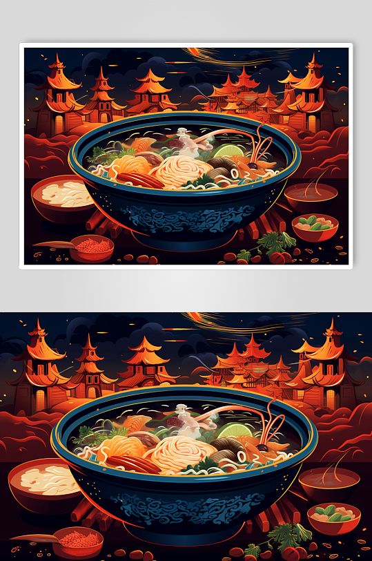 AI数字艺术国潮风火锅美食插图插画