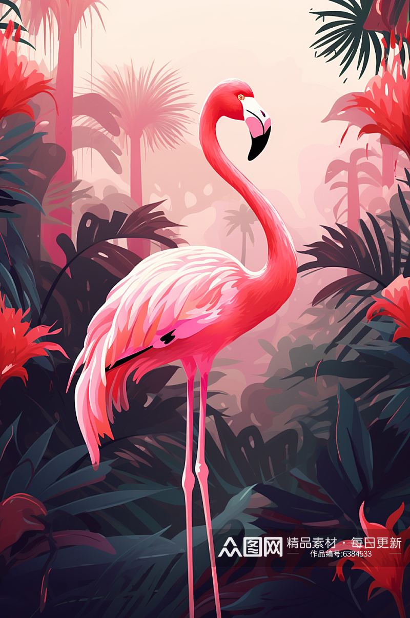 AI数字艺术热带雨林火烈鸟插画素材