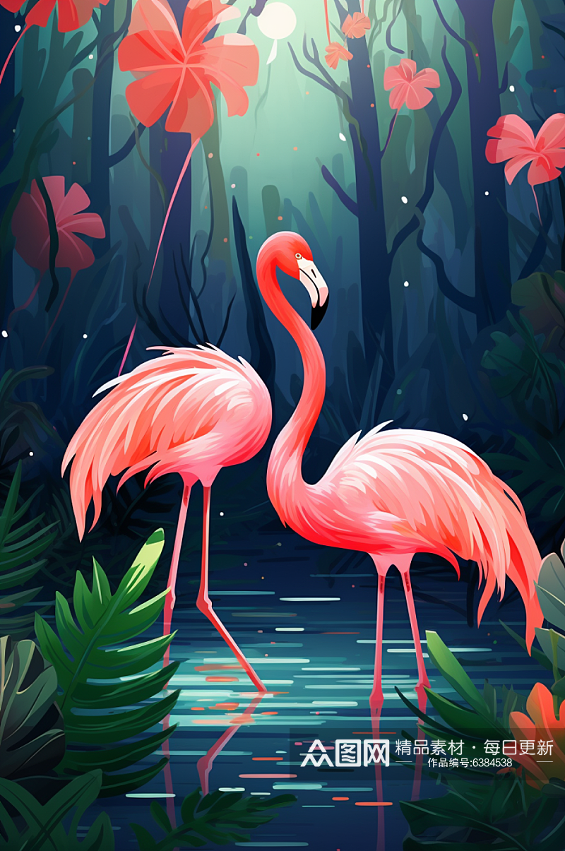 AI数字艺术热带雨林火烈鸟插画素材